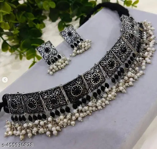 Tehzeeb Creations Women's Silver Colour Oxidised Necklace With Black Pearl - Swadesiicart