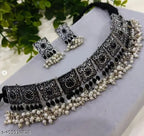 Tehzeeb Creations Women's Silver Colour Oxidised Necklace With Black Pearl - Swadesiicart