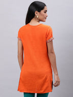 Souchii Orange Floral Embroidered Mirror Work Mirror Work Kurti | Grocsy