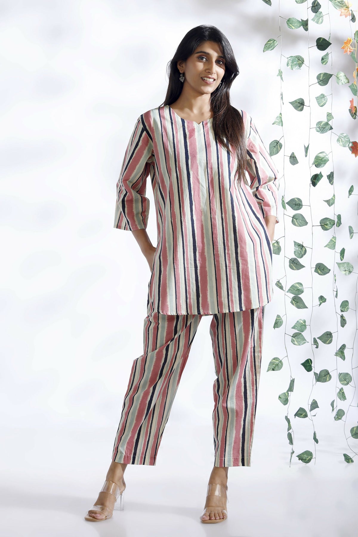 Breathables Women’S Pink Cotton Stripes Loungewear Co-Ord Set | Grocsy