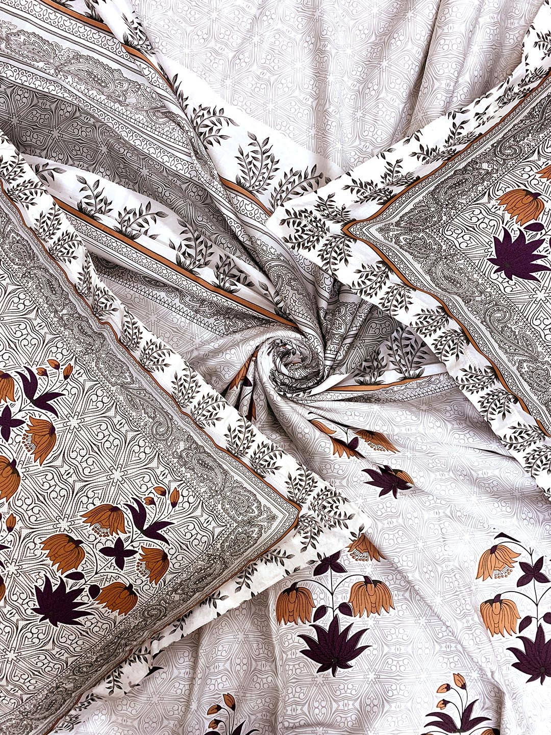 BELLA CASA Grey & Off White Ethnic Motifs 350 TC Cotton King Bedsheet with 2 Pillow Covers | Grocsy