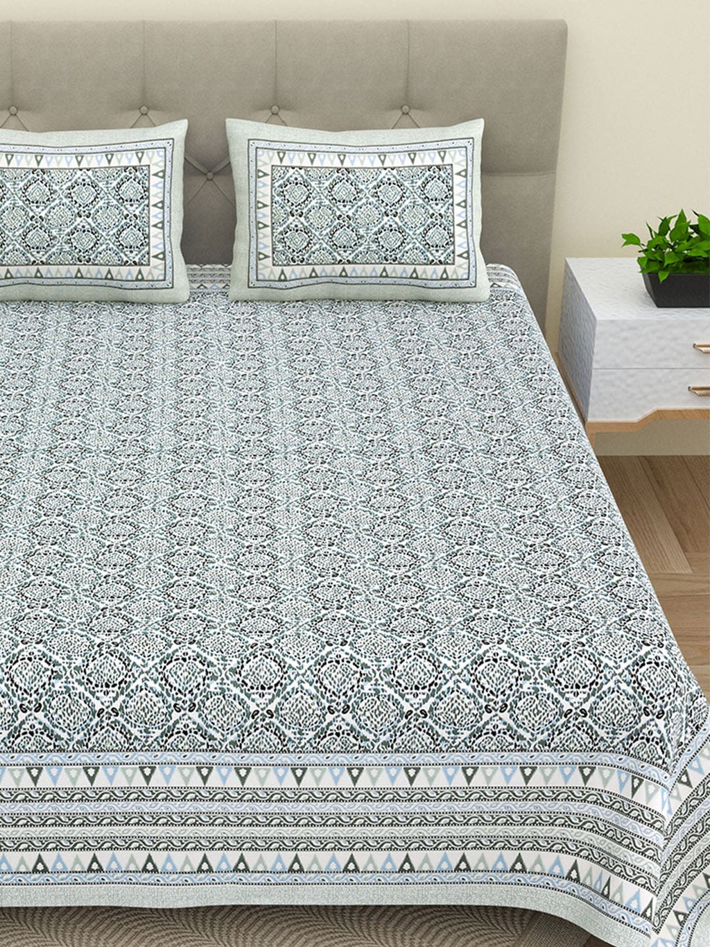 BELLA CASA Ethnic Grey & White Ethnic Pure Cotton 180 TC King Bedsheet & 2 Pillow Covers | Grocsy