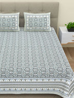 BELLA CASA Ethnic Grey & White Ethnic Pure Cotton 180 TC King Bedsheet & 2 Pillow Covers | Grocsy