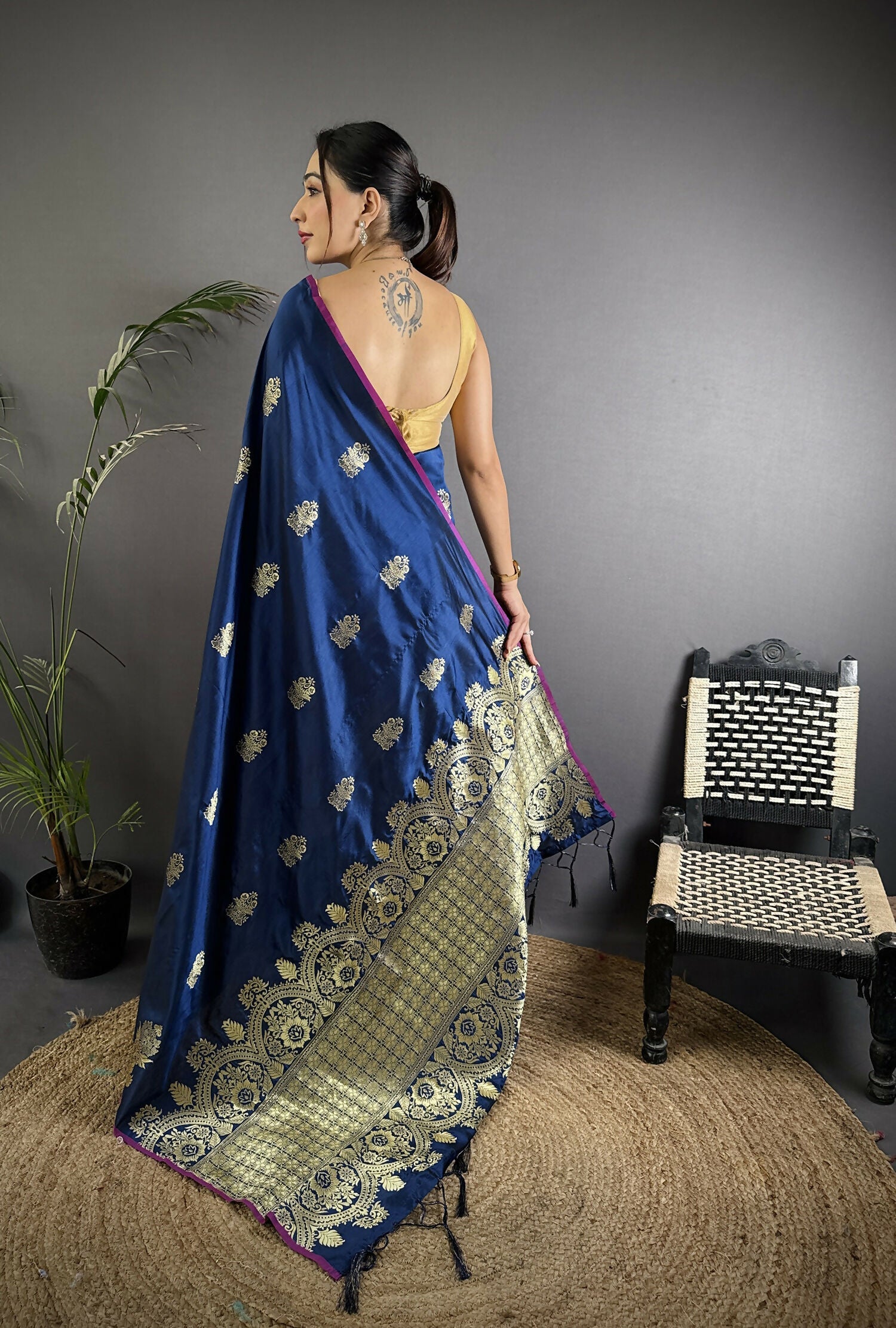 Joban Fashion Navy Blue Banarasi Lichi Silk Gold Zari Meena Saree | Grocsy
