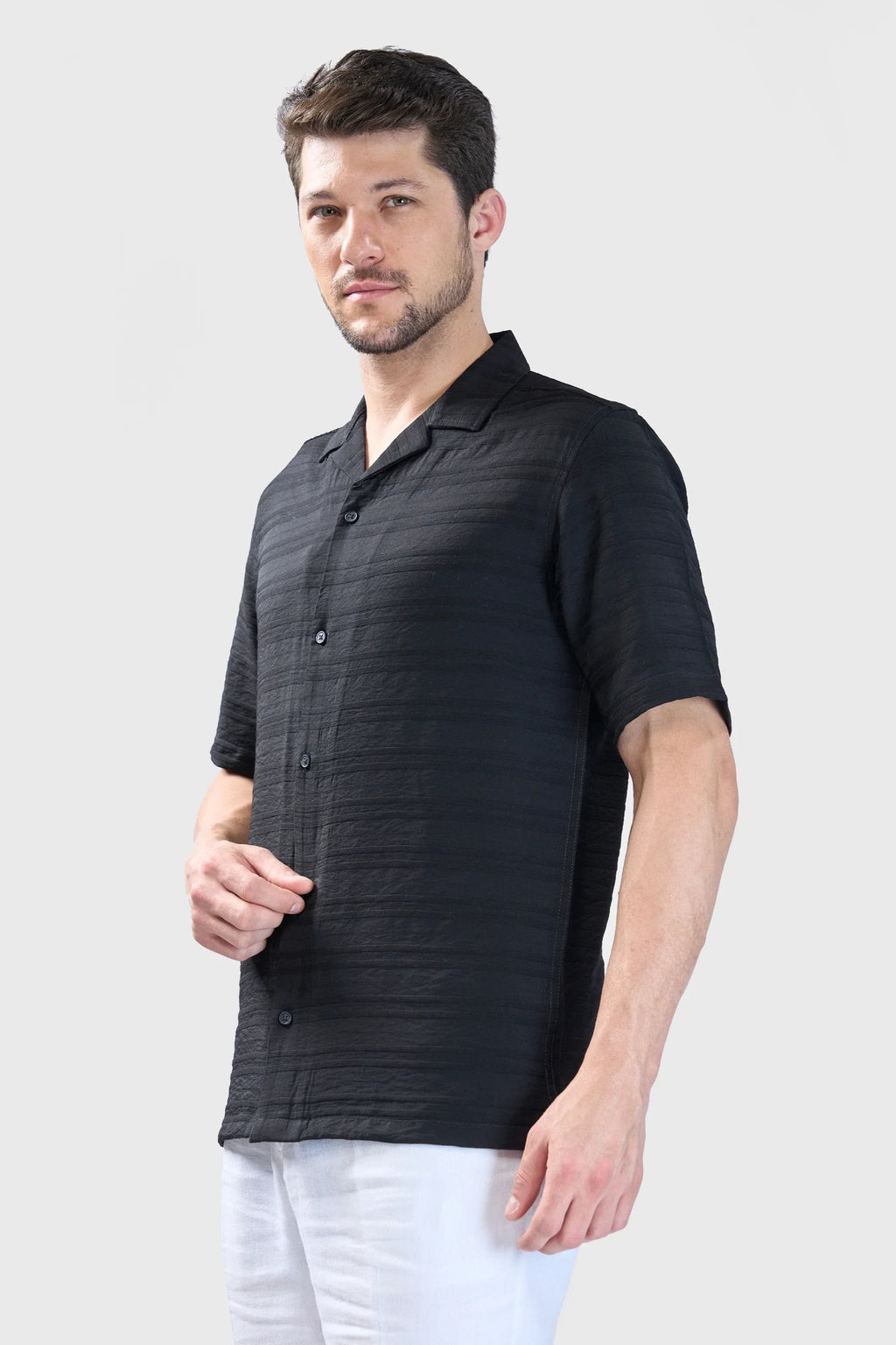 Xkind Black Horizontal Pleated Stripes Relaxed Fit Shirt | Grocsy