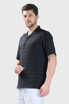 Xkind Black Horizontal Pleated Stripes Relaxed Fit Shirt | Grocsy