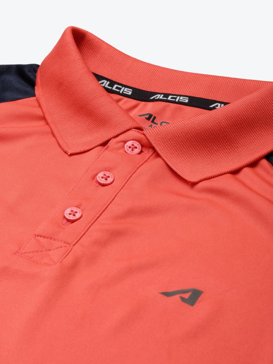 Alcis Men Red & Navy Blue Colourblocked Polo Collar Slim Fit Running T-shirt | Grocsy