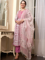 Sangria Mauve Embroidered Straight Pure Cotton Kurta With Trouser & Dupatta | Grocsy