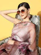 Tikhi Imli Pink & Green Floral Organza Saree | Grocsy