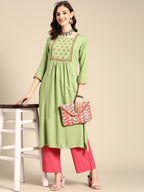Sangria Women Green & Pink Floral Embroidered Thread Work Pastels Kurta | Grocsy