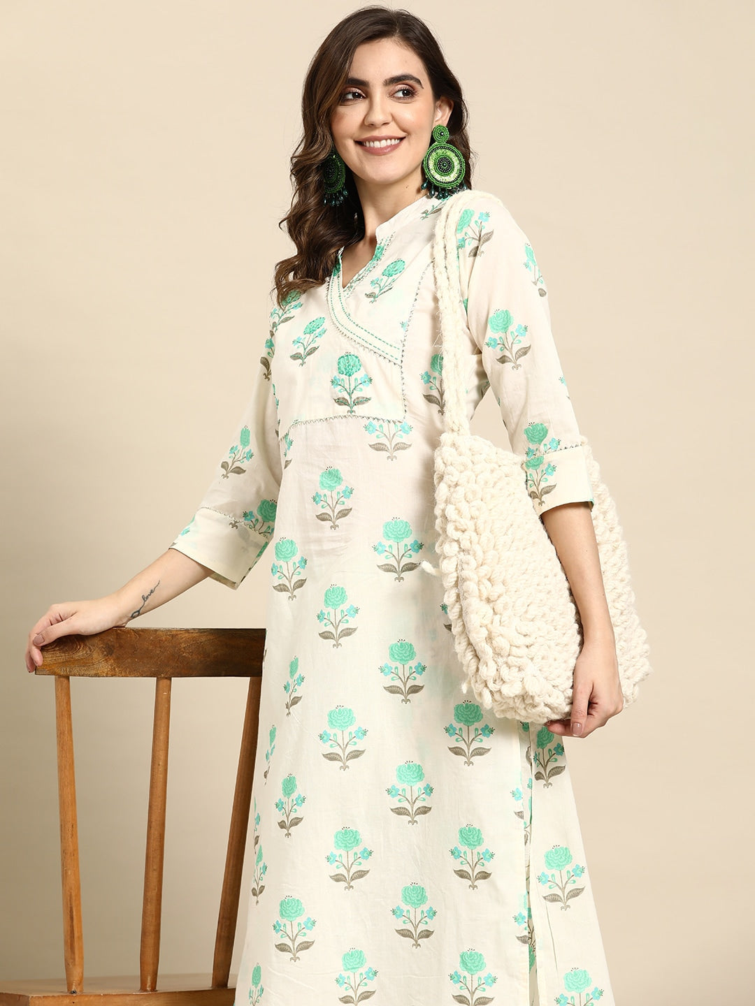 Sangria Floral Printed Angrakha Sequinned Pure Cotton Kurta With Trousers | Grocsy