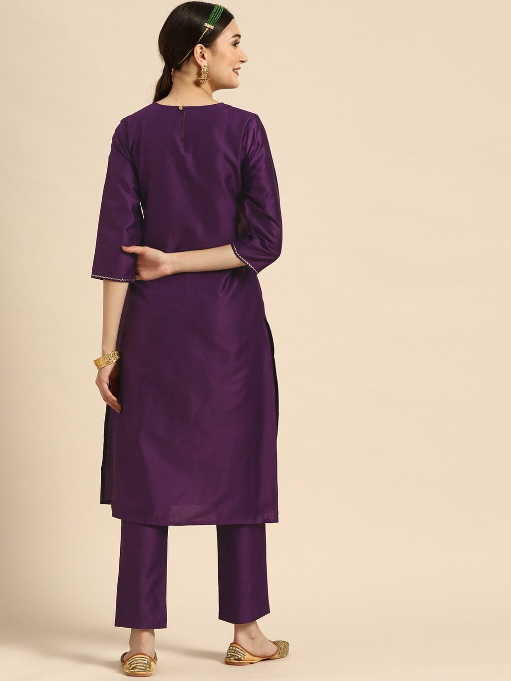 Sangria Women Purple Ethnic Motifs Embroidered Kurta with Trousers | Grocsy