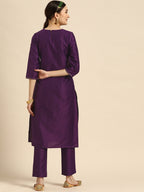 Sangria Women Purple Ethnic Motifs Embroidered Kurta with Trousers | Grocsy