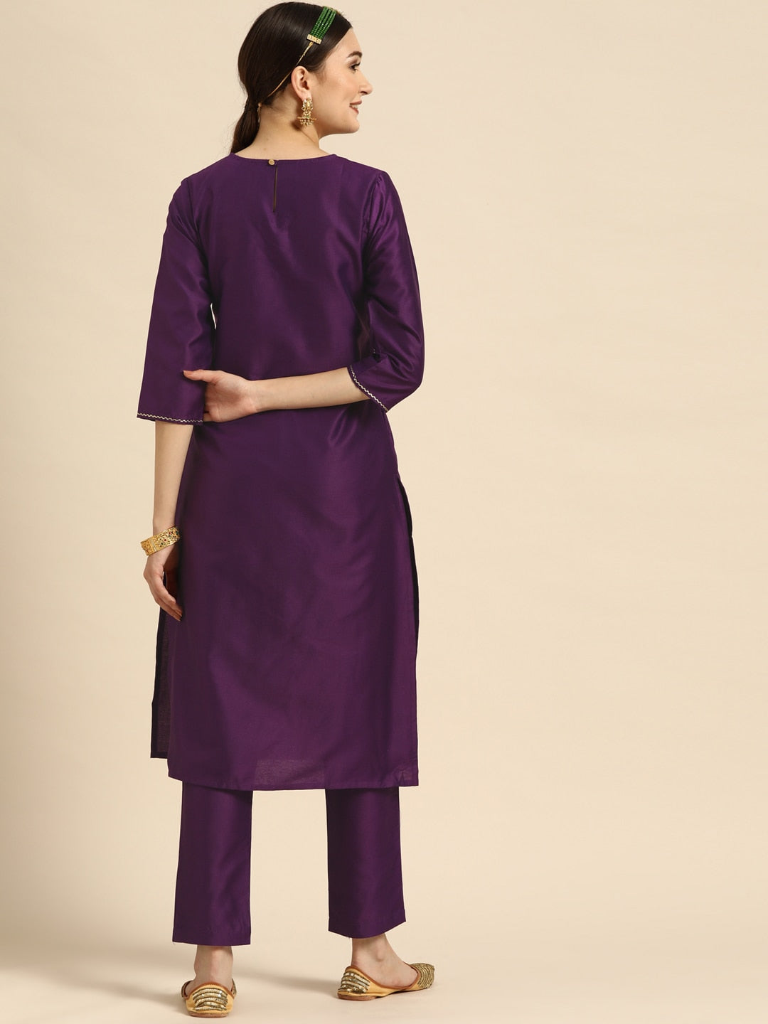 Sangria Women Purple Ethnic Motifs Embroidered Kurta with Trousers | Grocsy