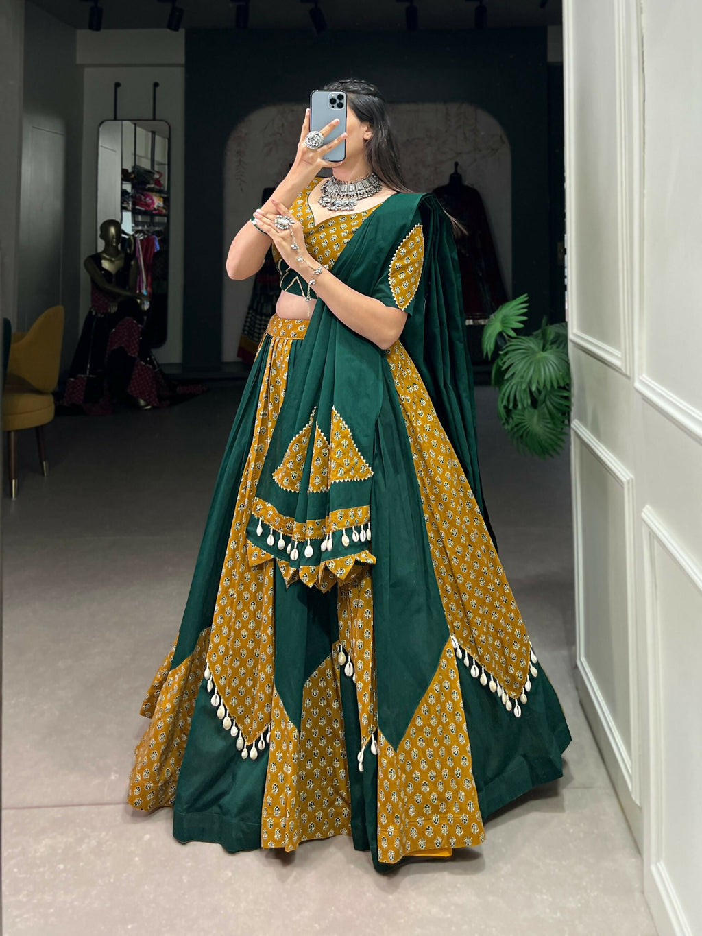 Vastranavya Navaratri Special Pure Cotton Printed With Cowrie (Kodi) Lace Touch Up Lehenga with Stitched Blouse - Green | Grocsy