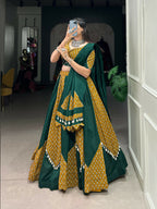 Vastranavya Navaratri Special Pure Cotton Printed With Cowrie (Kodi) Lace Touch Up Lehenga with Stitched Blouse - Green | Grocsy