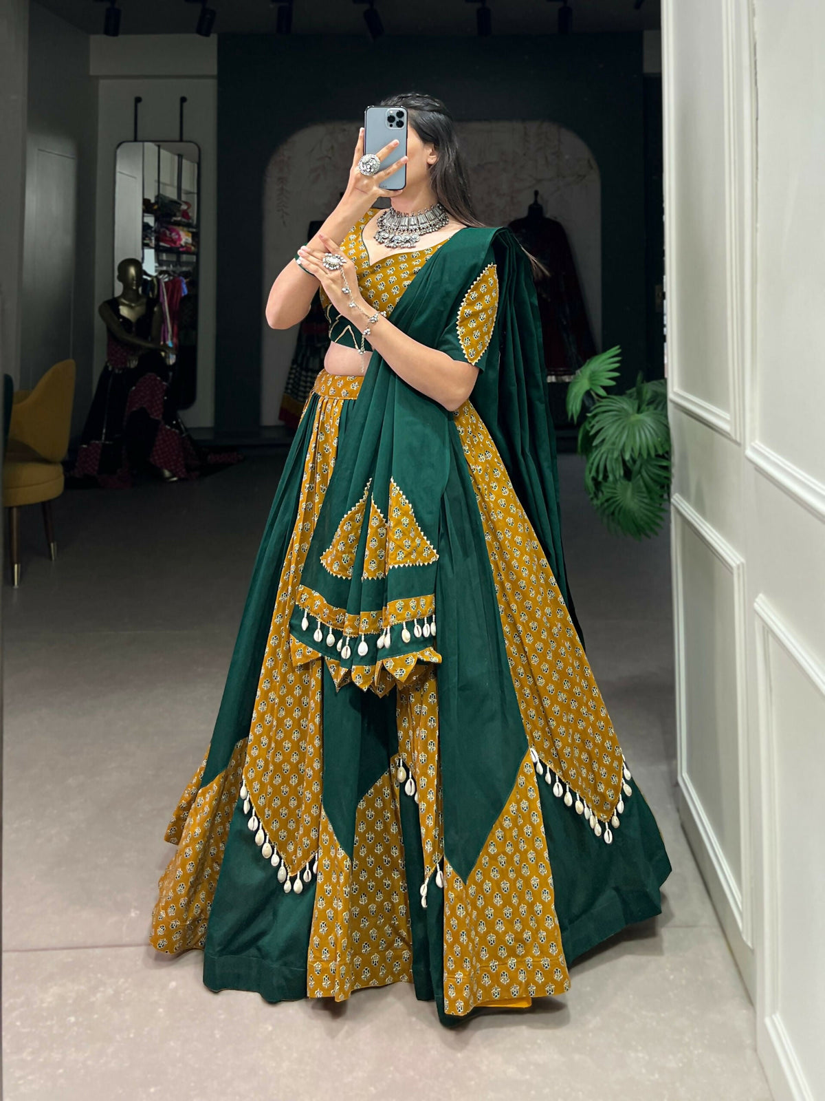 Vastranavya Navaratri Special Pure Cotton Printed With Cowrie (Kodi) Lace Touch Up Lehenga with Stitched Blouse - Green | Grocsy