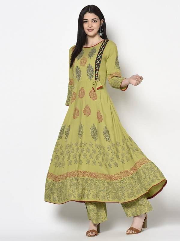 Aniyah Rayon Parrot Green Color Block Print Anarkali Palazzo Set (AN-194K) | Grocsy