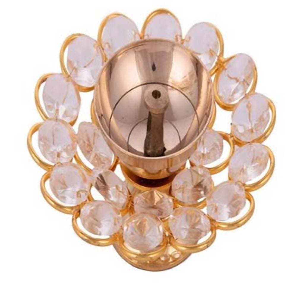 Puja N Pujari Flower Design Brass Crystal Diya | Grocsy