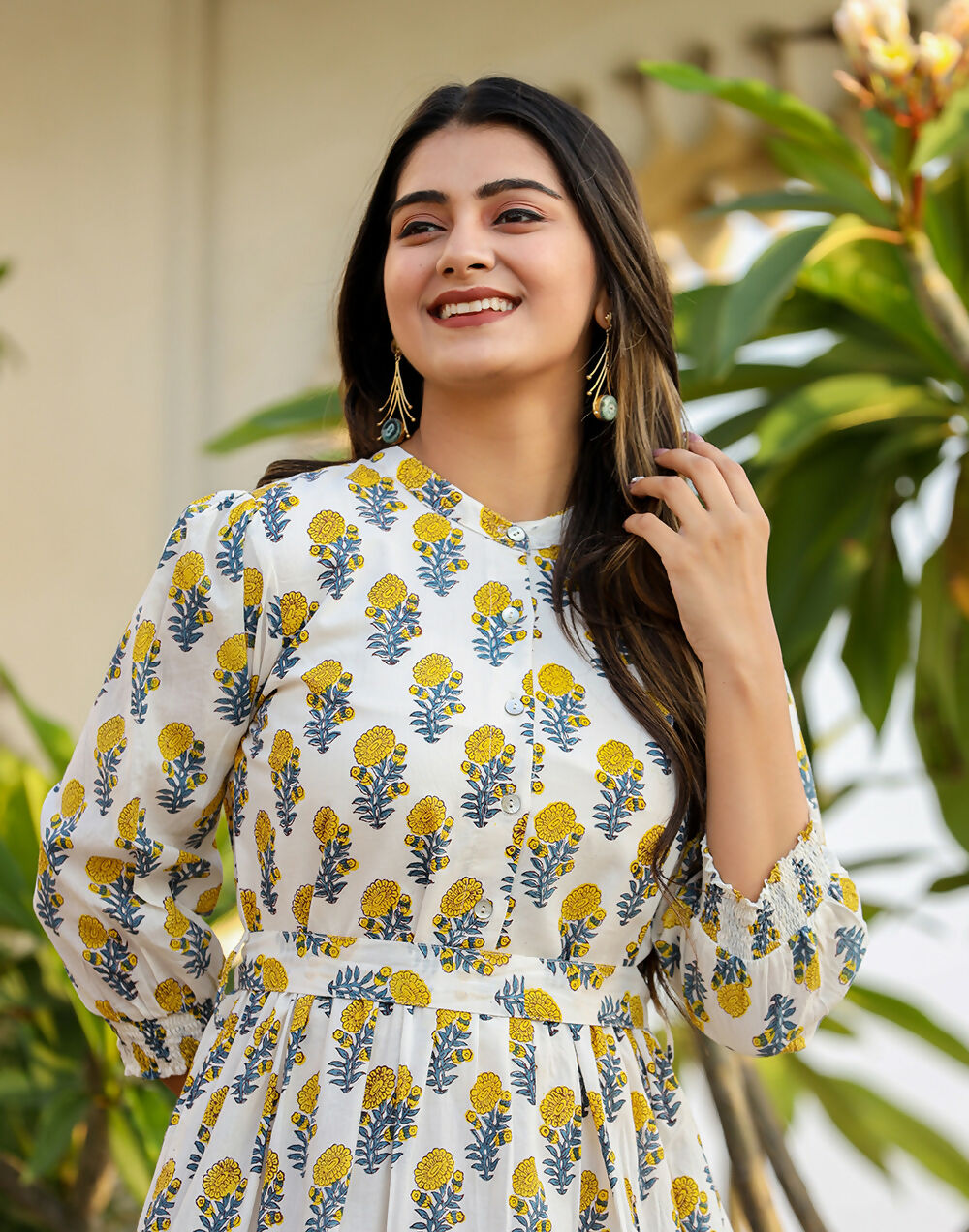 Kaajh Women's White-Yellow Ethnic Floral Hand Block Print Cotton Dress | Grocsy
