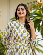 Kaajh Women's White-Yellow Ethnic Floral Hand Block Print Cotton Dress | Grocsy