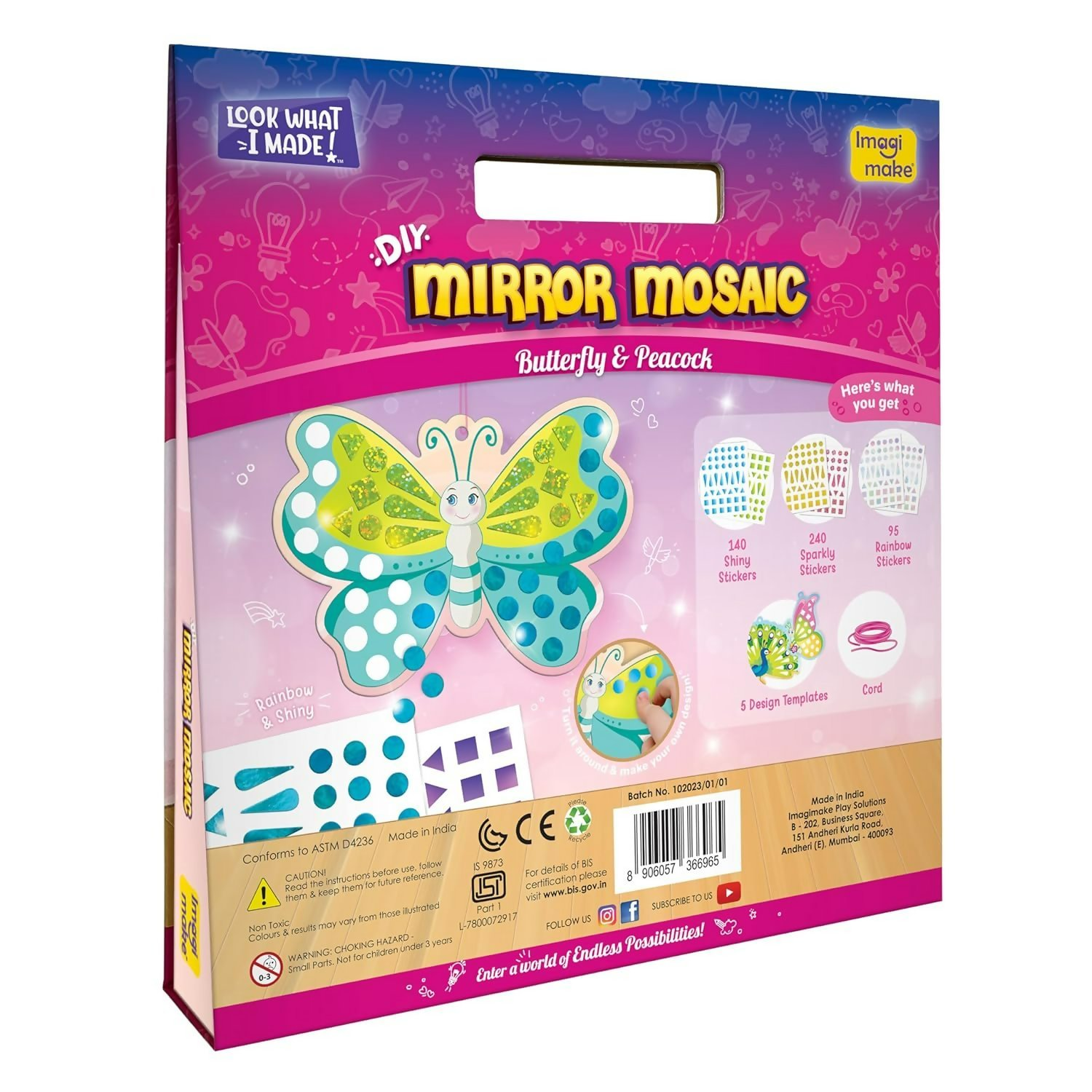 Imagimake Mirror Mosaic Butterfly & Peacock Mess Free DIY Mosaic Craft Kit 450+ Foil Sticker Travel Toys for Girls Birthday Gift for Girls Ages 3,4,5,6,7,8, Peach | Grocsy