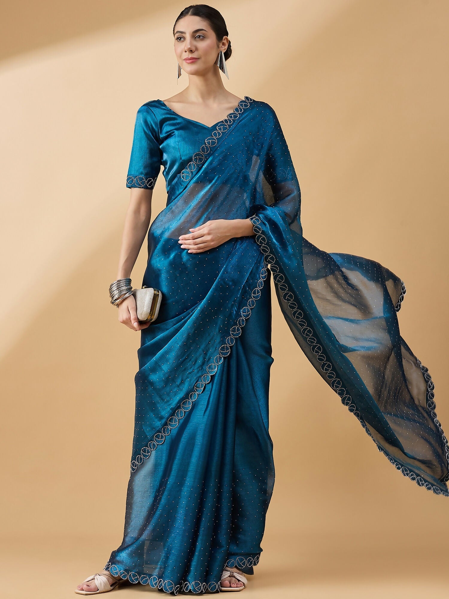 Teal Organza Swaroski Diamond Work Saree with Unstitched Blouse - Radha | Grocsy