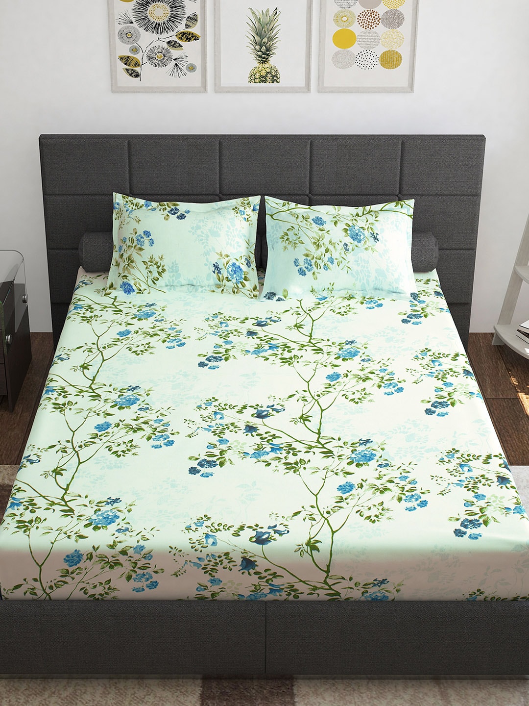 Story@home Ventura Blue & Green Floral Printed 152 TC Queen Bedsheet With 2 Pillow Covers | Grocsy