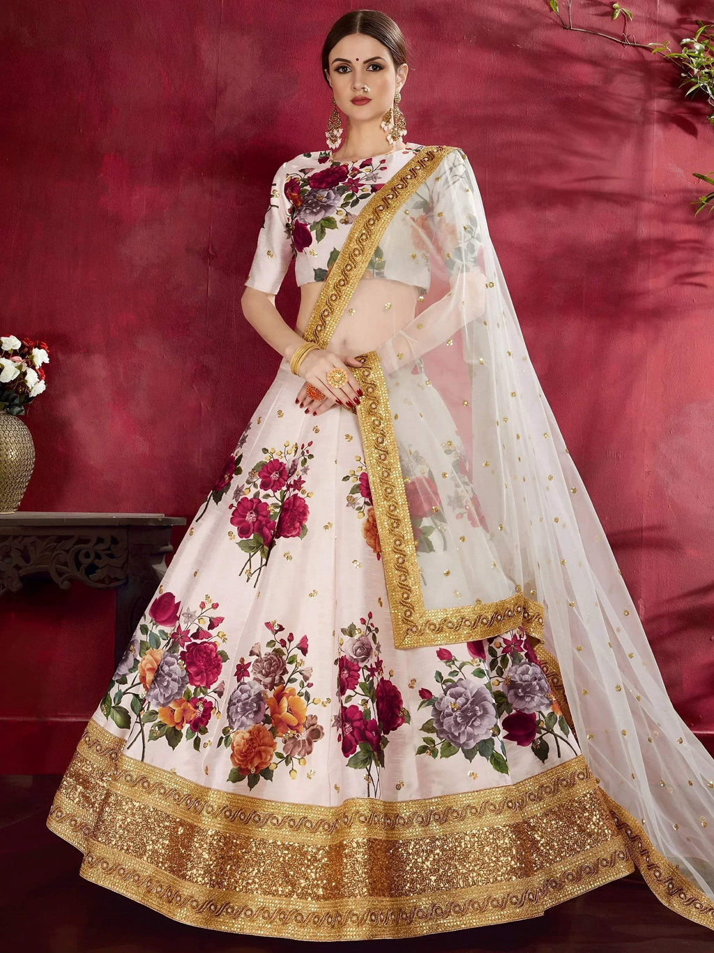 Tulsi Art Off-White Floral Print Banglori Silk Bridal Lehenga Choli With Dupatta | Grocsy