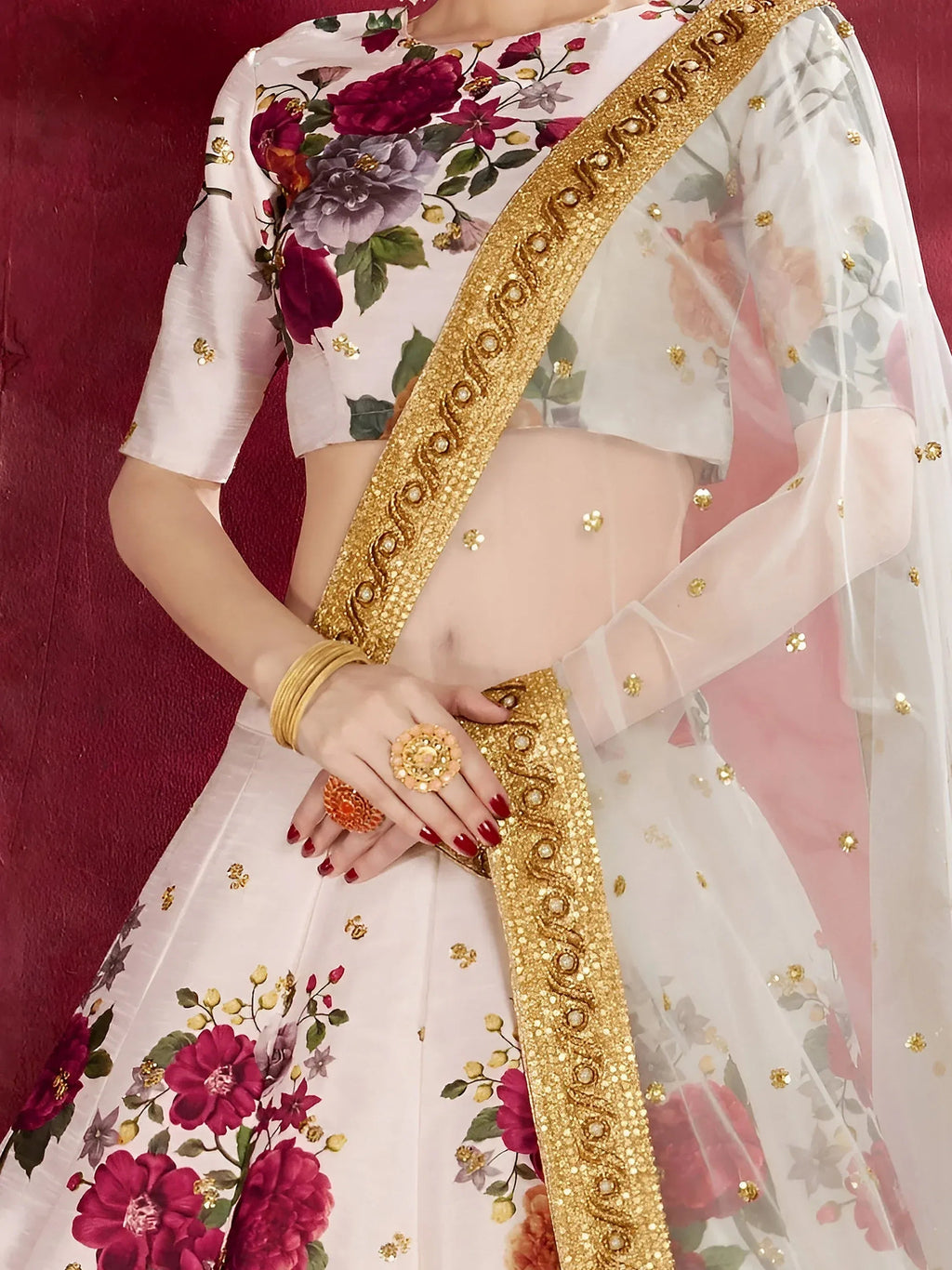 Tulsi Art Off-White Floral Print Banglori Silk Bridal Lehenga Choli With Dupatta | Grocsy