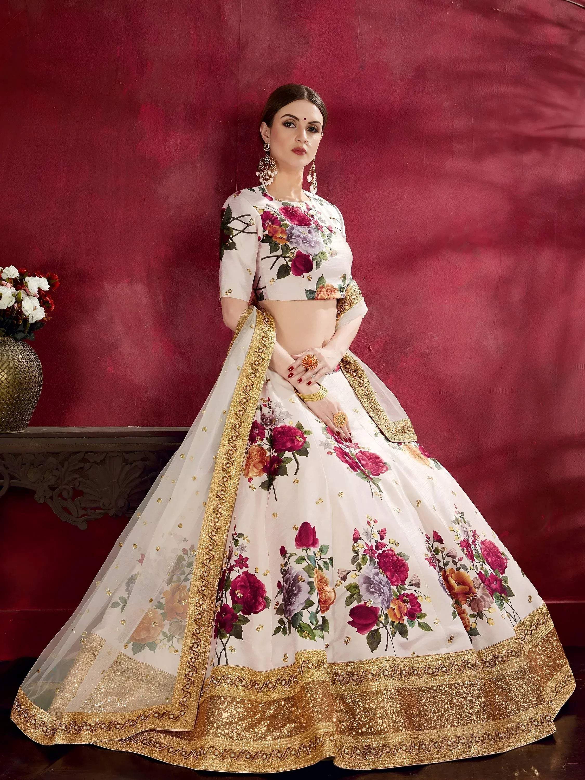 Tulsi Art Off-White Floral Print Banglori Silk Bridal Lehenga Choli With Dupatta | Grocsy