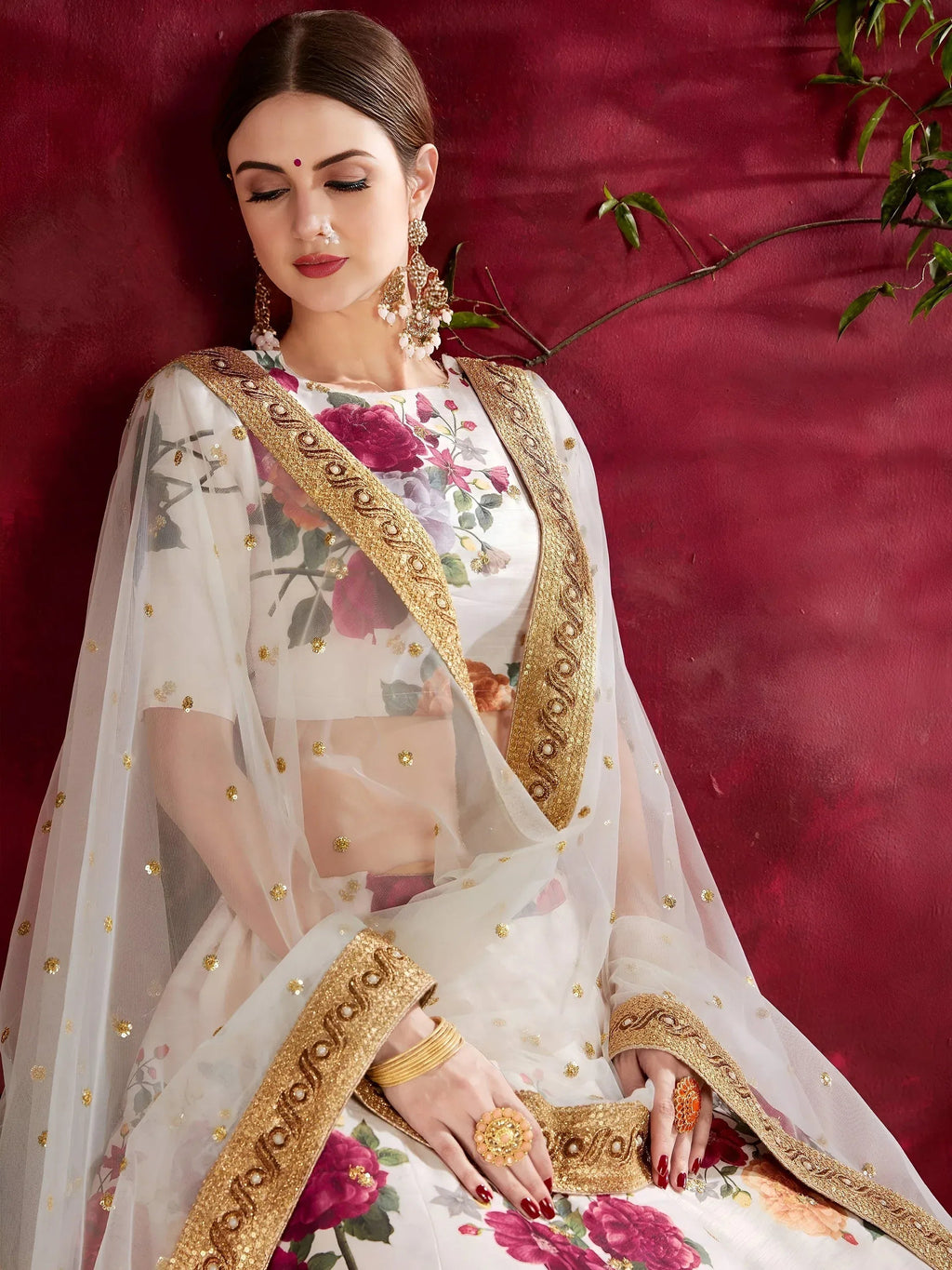Tulsi Art Off-White Floral Print Banglori Silk Bridal Lehenga Choli With Dupatta | Grocsy