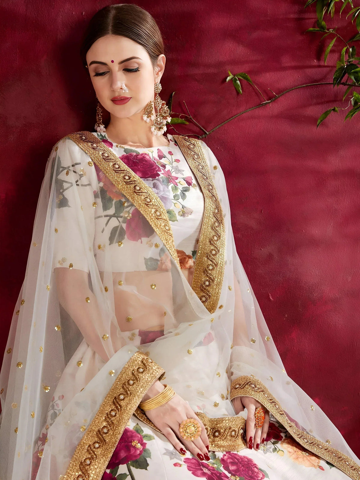 Tulsi Art Off-White Floral Print Banglori Silk Bridal Lehenga Choli With Dupatta | Grocsy