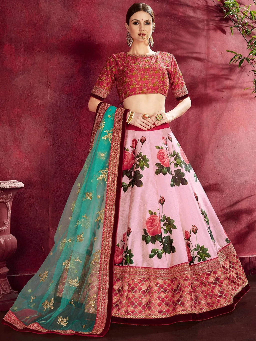 Tulsi Art Rose Pink Floral Print Banglori Silk Bridal Lehenga With Pink Choli And Turquoise Dupatta | Grocsy