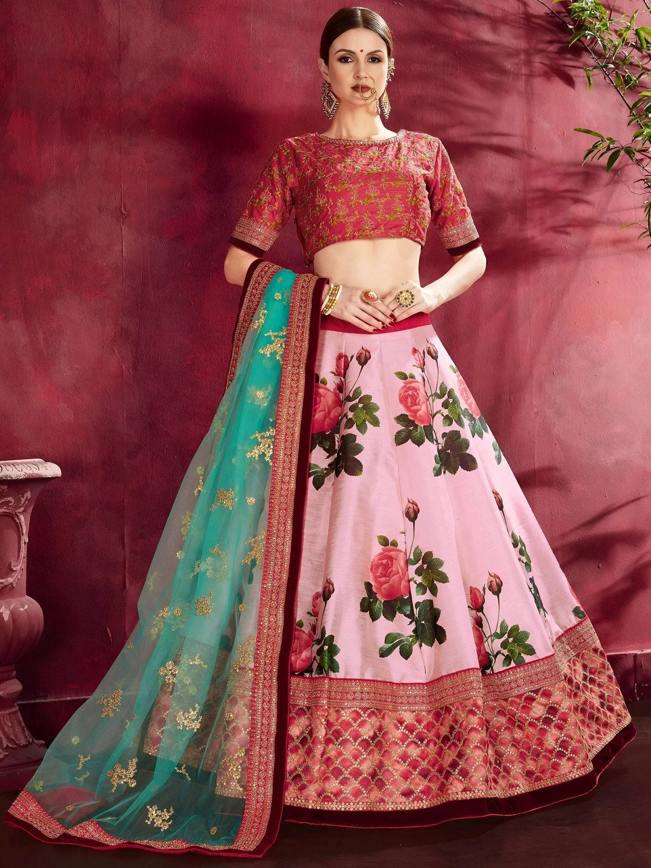 Tulsi Art Rose Pink Floral Print Banglori Silk Bridal Lehenga With Pink Choli And Turquoise Dupatta | Grocsy