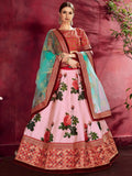 Tulsi Art Rose Pink Floral Print Banglori Silk Bridal Lehenga With Pink Choli And Turquoise Dupatta | Grocsy