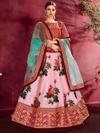 Tulsi Art Rose Pink Floral Print Banglori Silk Bridal Lehenga With Pink Choli And Turquoise Dupatta | Grocsy