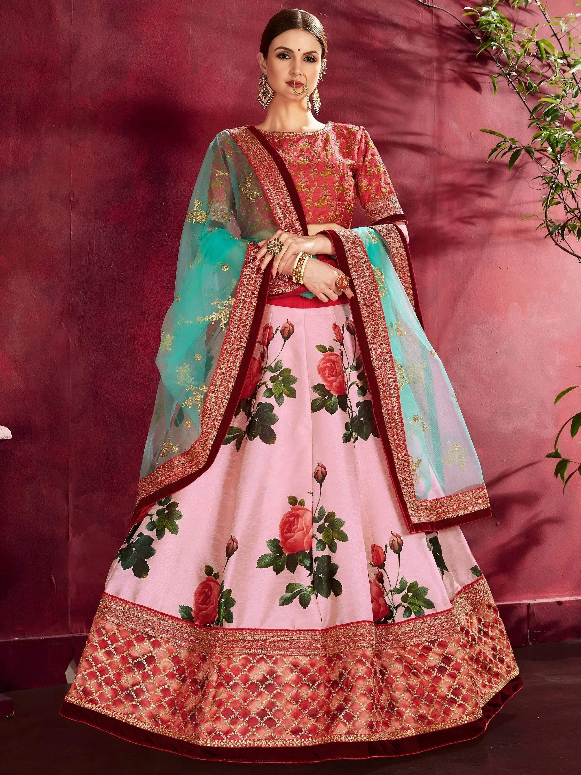 Tulsi Art Rose Pink Floral Print Banglori Silk Bridal Lehenga With Pink Choli And Turquoise Dupatta | Grocsy