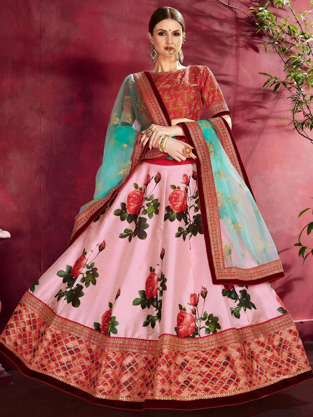 Tulsi Art Rose Pink Floral Print Banglori Silk Bridal Lehenga With Pink Choli And Turquoise Dupatta | Grocsy