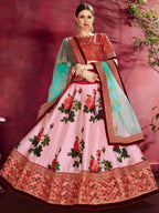 Tulsi Art Rose Pink Floral Print Banglori Silk Bridal Lehenga With Pink Choli And Turquoise Dupatta | Grocsy