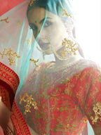 Tulsi Art Rose Pink Floral Print Banglori Silk Bridal Lehenga With Pink Choli And Turquoise Dupatta | Grocsy