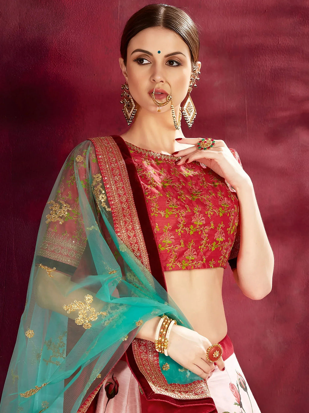 Tulsi Art Rose Pink Floral Print Banglori Silk Bridal Lehenga With Pink Choli And Turquoise Dupatta | Grocsy