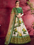 Tulsi Art Cream-Green Floral Print Banglori Silk Bridal Lehenga Choli With Beige Dupatta | Grocsy