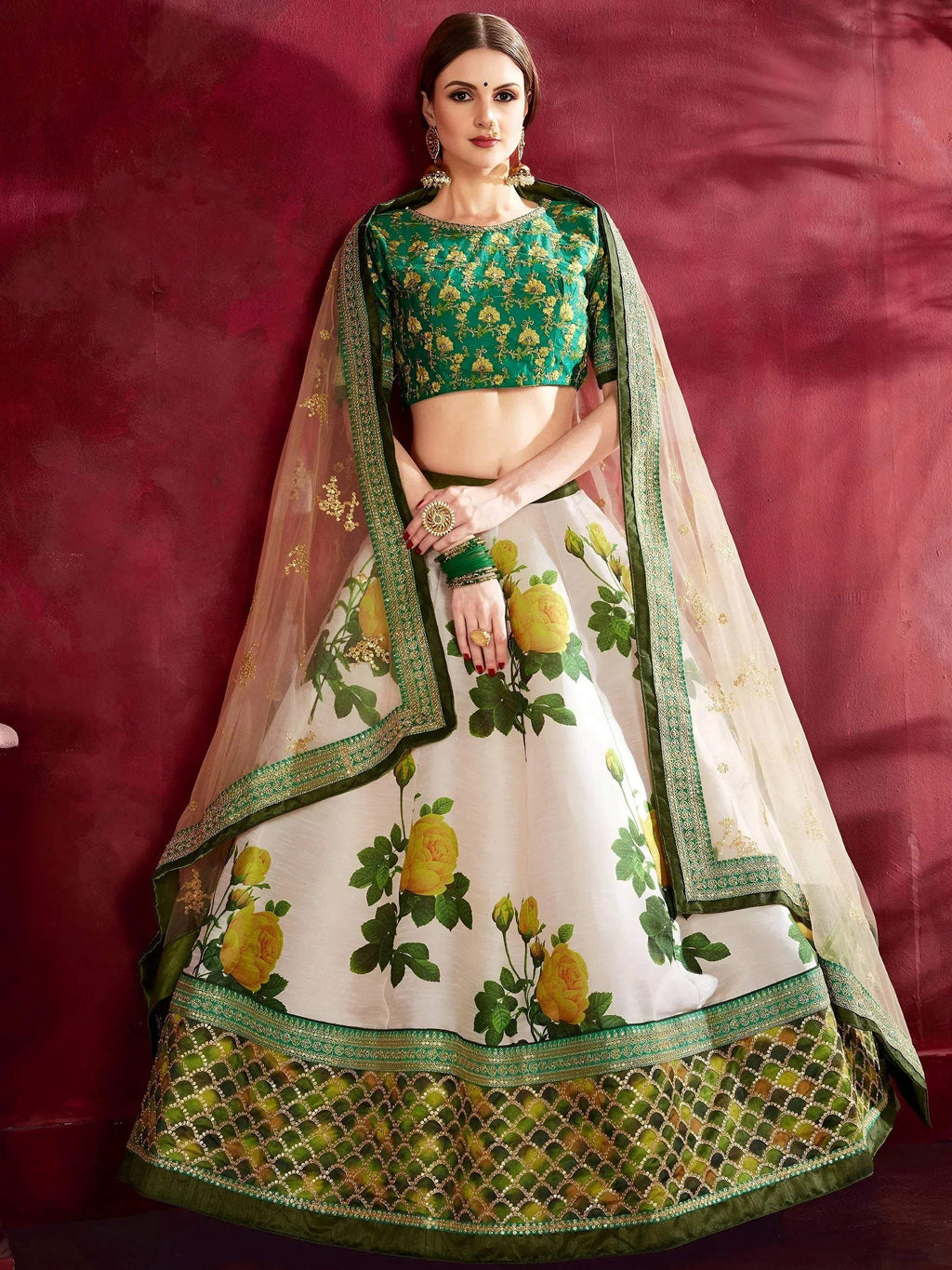 Tulsi Art Cream-Green Floral Print Banglori Silk Bridal Lehenga Choli With Beige Dupatta | Grocsy