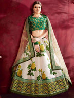 Tulsi Art Cream-Green Floral Print Banglori Silk Bridal Lehenga Choli With Beige Dupatta | Grocsy