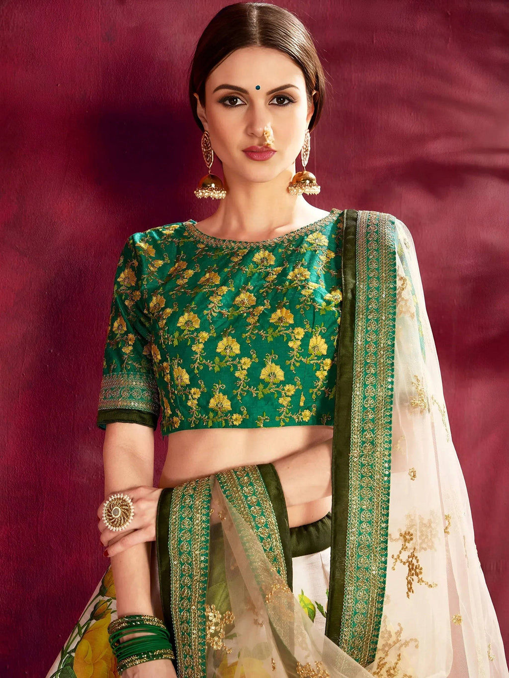 Tulsi Art Cream-Green Floral Print Banglori Silk Bridal Lehenga Choli With Beige Dupatta | Grocsy