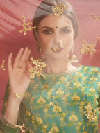 Tulsi Art Cream-Green Floral Print Banglori Silk Bridal Lehenga Choli With Beige Dupatta | Grocsy