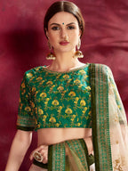 Tulsi Art Cream-Green Floral Print Banglori Silk Bridal Lehenga Choli With Beige Dupatta | Grocsy
