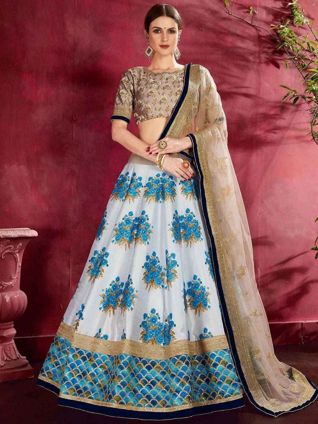 Tulsi Art Attractive White Floral Print Banglori Silk Wedding Lehenga Choli | Grocsy