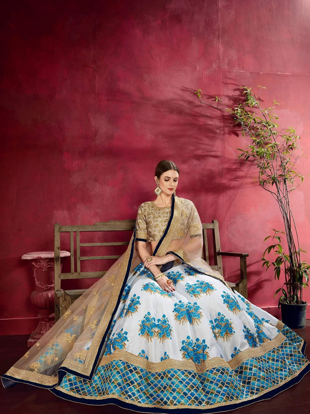 Tulsi Art Attractive White Floral Print Banglori Silk Wedding Lehenga Choli | Grocsy